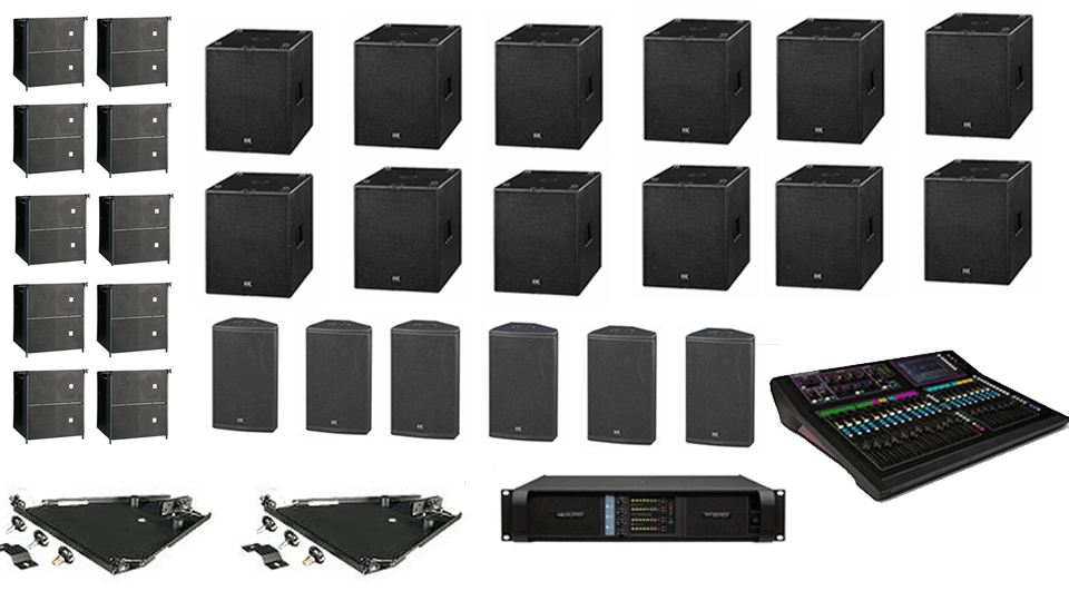 PA Hire Package 10, 6 HK Audio CTA208 Speakers, 8 HK Audio CT118 Sub's, 6 HK audio CT115 Monitors, 1 Allen and Heath GLD-80 Mixer, powered by Lab.Gruppen FP Series with microphones, DI Boxes and cabling included.