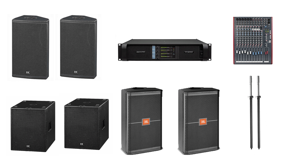 PA Hire Package 3, 2 HK Audio CT115 Speakers, 2 Hk Audio CT118 Sub's, 2 JBL SRX712m monitors, 1 Allen and Heath Zed-14 Mixer, powered by Lab.Gruppen FP Series with microphones, DI Boxes and cabling included.